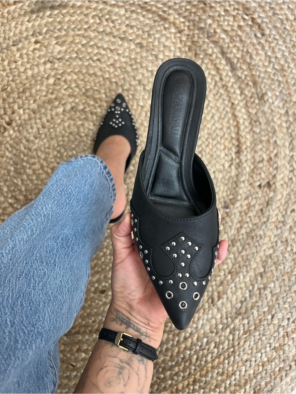 Black Pointed-Toe Slingback Heels with Silver Stud Accents - Picture 5 of 8